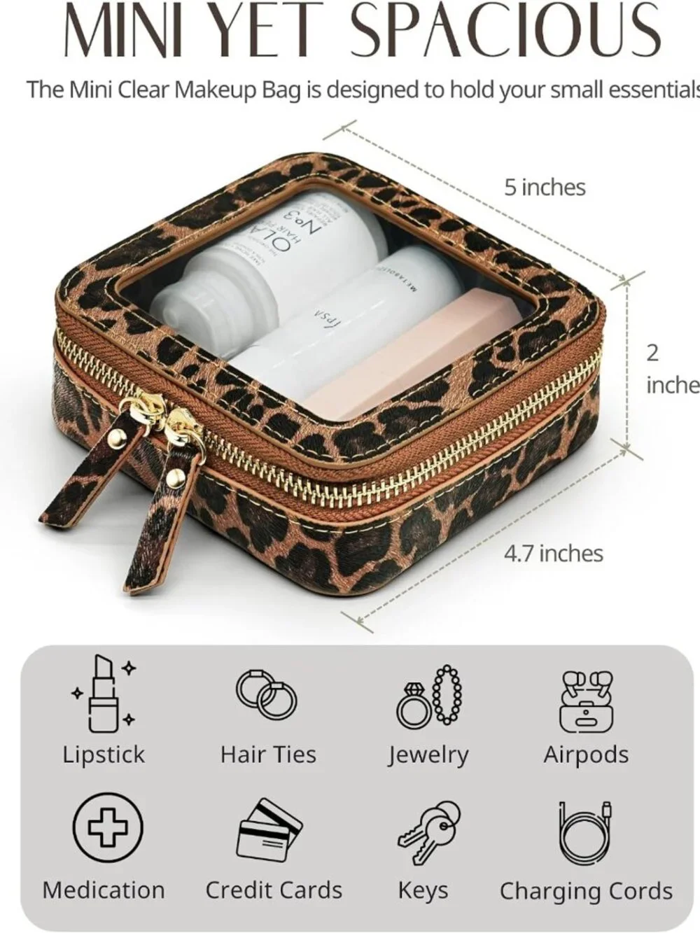 Clear Mini Makeup Bag - Cute Leopard Print Travel Pouch for Purse & Car